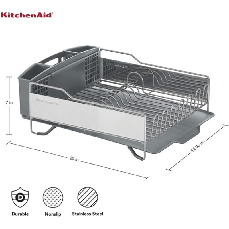 Large Capacity Full Size Rust Resistant Dish Rack With Angled Drain Board And Removable Flatware Caddy, Light Grey