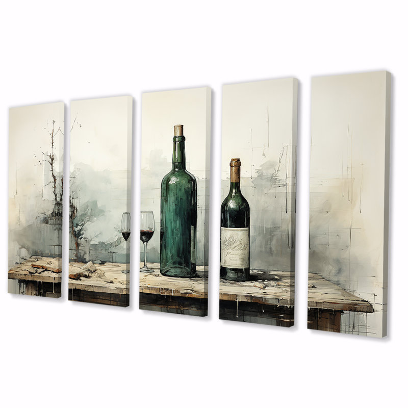«Green Minimalist Wine Bottles Silhouette IV», art mural 5 pièces, H 28 po x l 60 po