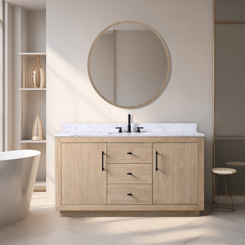Ensemble de meuble-lavabo sur pied 60 po avec plateau en marbre d'ingénierie Avignon, Blanc Arabescato, Blé clair, 60"