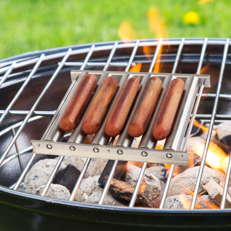Rouleau Hotdog pour barbecue - support à roulettes en acier inoxydable avec poignée en bois extra-longue et 5 Hotdog - rouleau saucisse pour barbecue par Great Northern