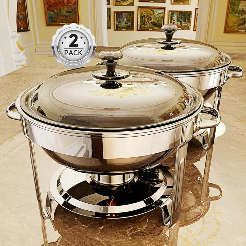 Chafing Vaisselle pour buffet, ensemble de 4 réchauds ronds en acier inoxydable 5 pte, ensemble complet de réchaud pour les fêtes, la restauration et les événements, finition argentée