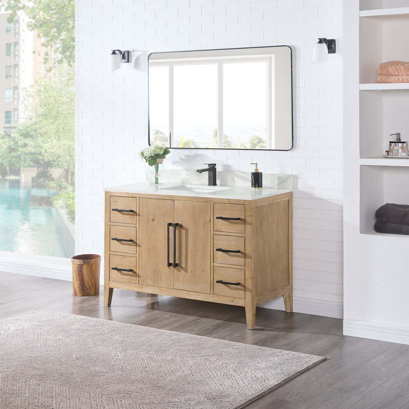 Meuble-lavabo sur pied simple 48 po avec plateau en quartz et miroir Griswalda, Sapin vieilli