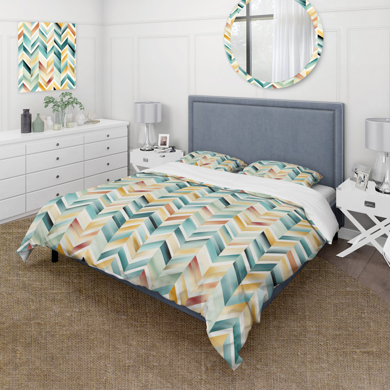 Ensemble de housse de couette à chevrons vintage en émeraude et beige Boho - microfibre de polyester