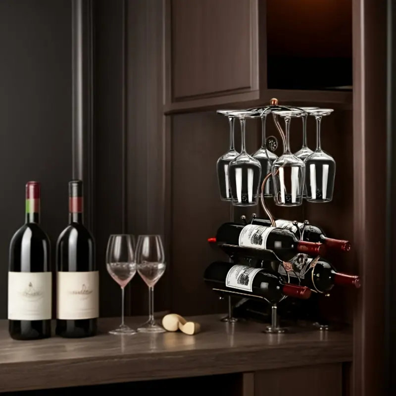 Support à vin et porte-verres à vin - peut contenir 4 bouteilles de vin et 6 verres - parfait pour la décoration de la cuisine et le support de rangement de la cuisine, l'organisation de la cuisine, le rangement élégant