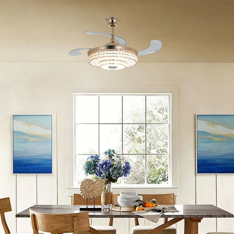 Ventilateur invisible en cristal doré de 42 pouces, lecteur de musique Bluetooth, télécommande, éclairage à trois tons, conception silencieuse et à grand débit d'air