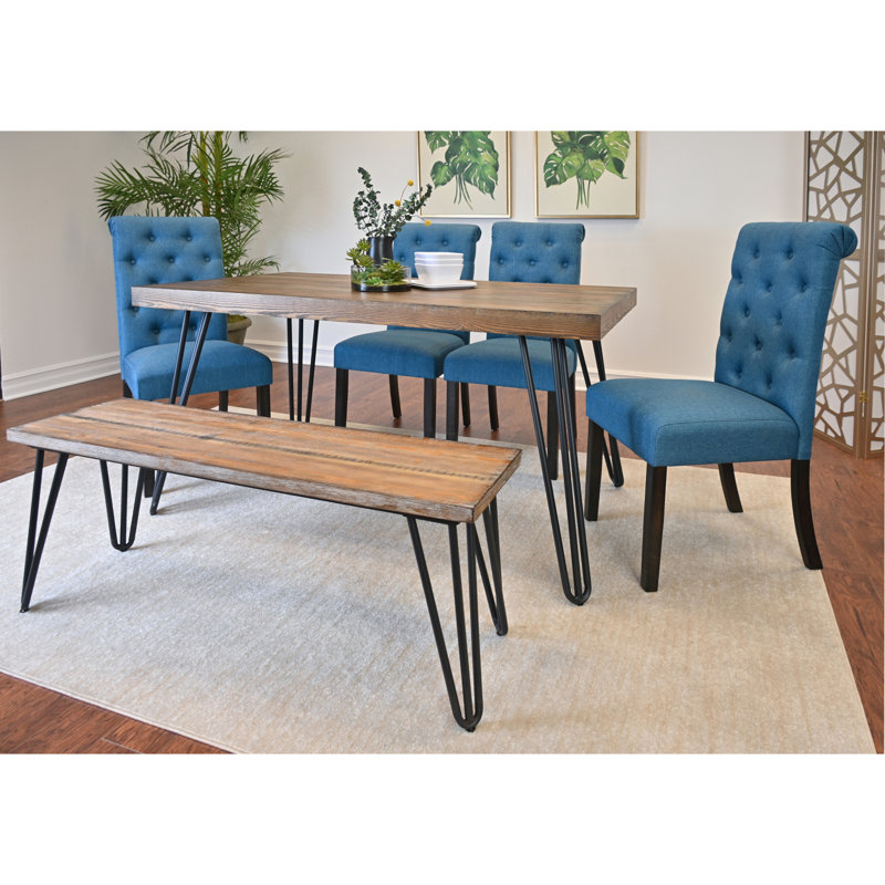 Ensemble de salle à manger Ashd, table de salle à manger en épingle à cheveux avec chaises et banc, options, Bleu