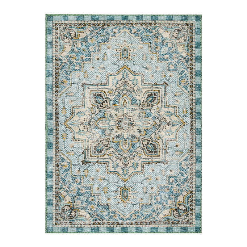 Heriz Checked Aqua Washable Rug, Rectangle 5' x 7'6"