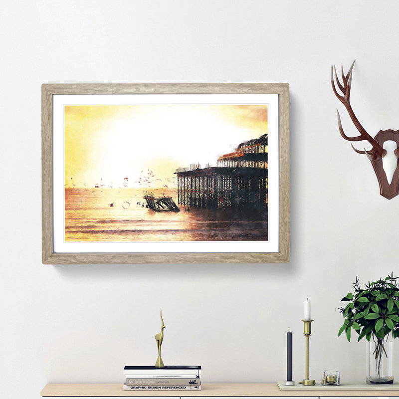 The West Pier on Brighton Beach - Picture Frame Painting Print, 62cm H x 87cm W x 2cm D, Oak Framed