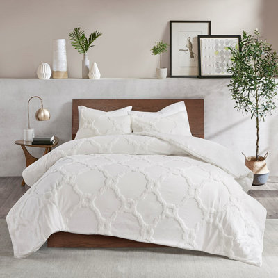 Ensemble d'édredon géométrique 3 pièces en chenille de coton capitonné blanc cassé / grand