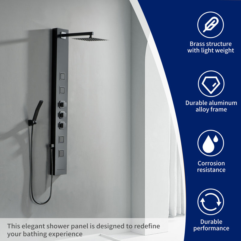 Système de tour de douche à inverseur 4 voies avec pomme de douche fixe, Noir mat
