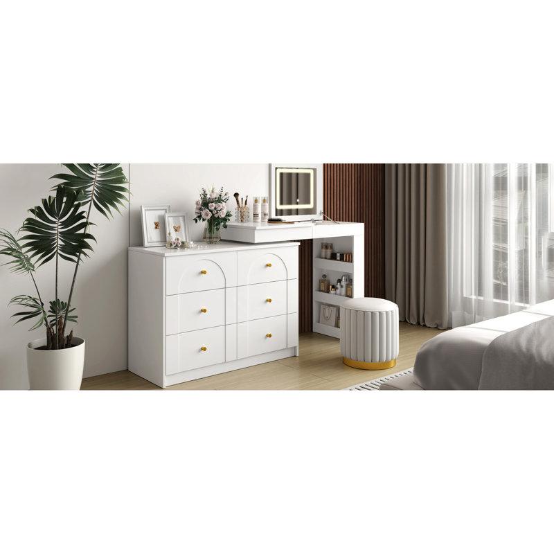 Bureau de meuble-lavabo avec miroir et lumières, plateau de table de maquillage blanc, 7 tiroirs, 9 compartiments, 3 tablettes, modes de couleurs réglables, aménagement convertible pour la chambre à coucher avec éclairage flexible à DEL