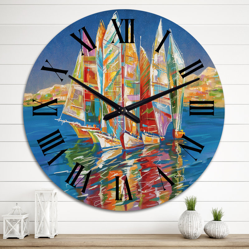 Voilier coloré sur fond bleu - horloge murale nautique et côtière, Moyen