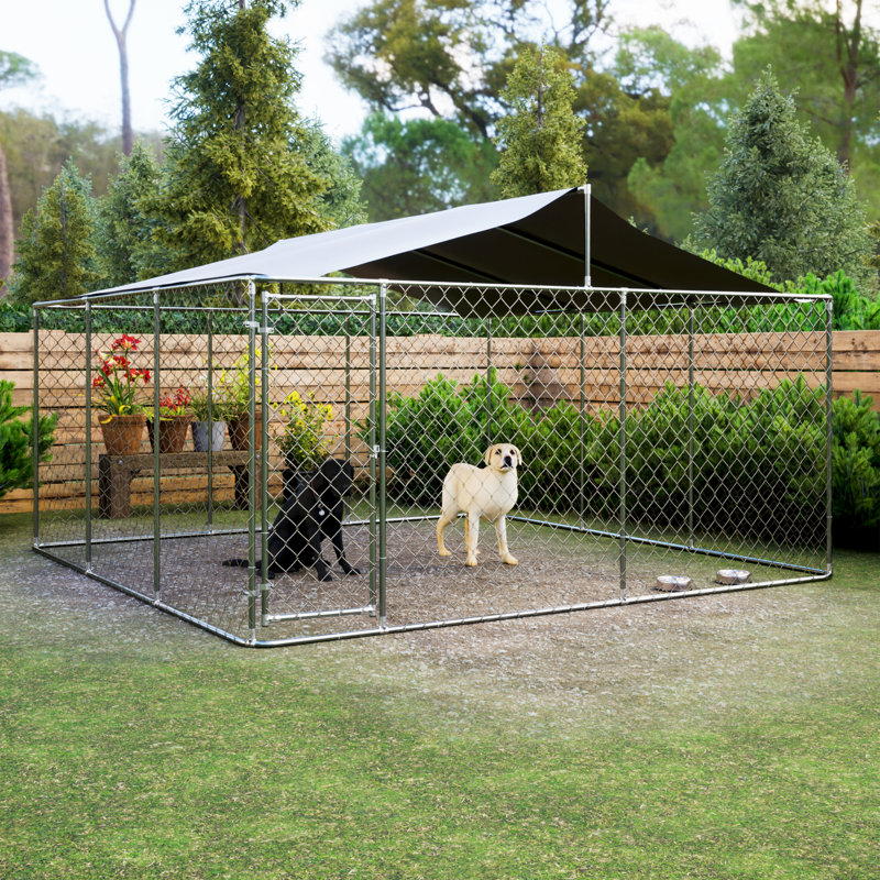 Chenil en métal pour chien avec auvent et porte verrouillable, H 91,2 po x l 177,6 po x P 177,6 po