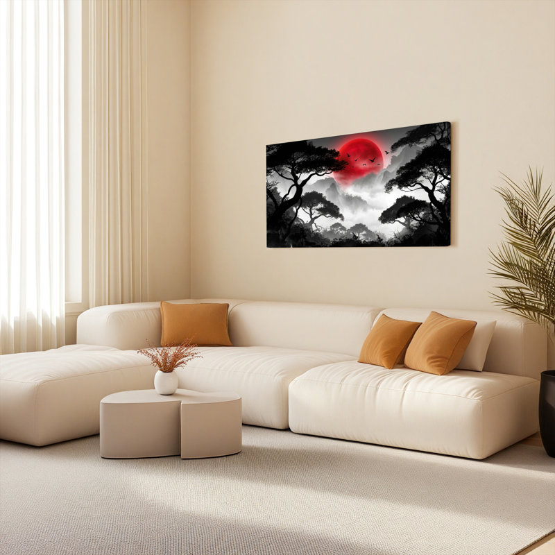 Red Moon And Silhouette Trees Canvas Wrapped Wall Art Oil Painting Print Set Of 1, 4020