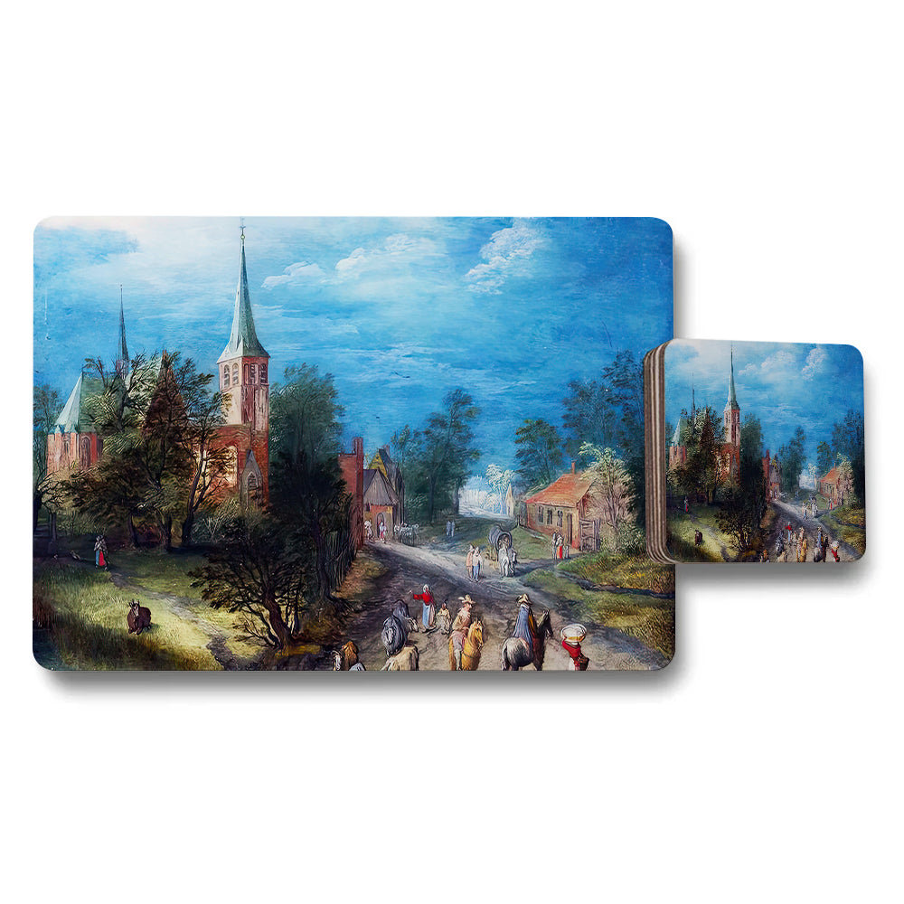 Historic Village Church Scene Placemats And Coasters Set