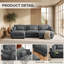 Canapé modulaire 3 places en velours gris, avec pouf amovible, coussins de dossier et traversins.-1188173632
