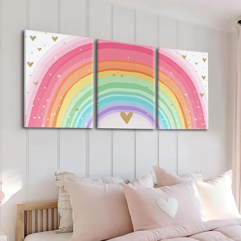 Girls Rainbow Canvas Wall Art Set Of 3, Colorful Nursery Wall Decor Painting, Kids Heart Picture Poster Prints For Classroom Kids Room Baby Room Bedroom Dorm Home Decoration 16X24in