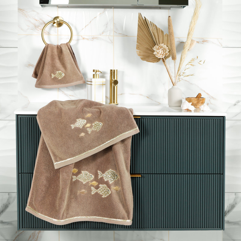 FIGI 2PC Embellished Hand Towel Set Turkish Cotton Hand Towel, Cocoa