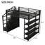 Lit mezzanine double en métal noir avec escalier de rangement et tablettes à 4 niveaux, tablettes pour étude, espace de loisirs idéal, armoires de garde-corps sécuritaires convertibles en espace de lecture ou d'artisanat, longueur