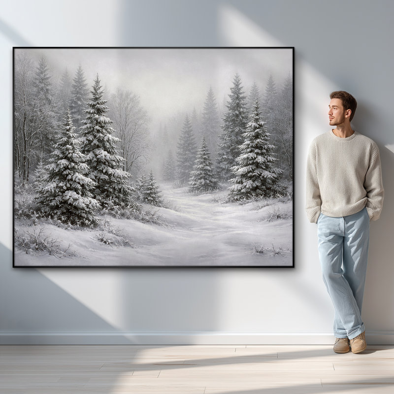 Très grand, reproduction d'art sur tissu mural - Paysage de forêt de pin gris enneigé, décor de chambre à coucher naturel - «Assemblage requis du cadre (cadre non fini)»