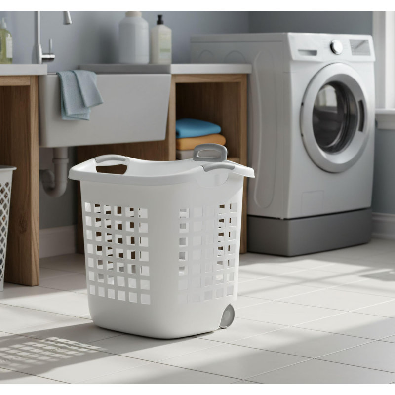 Household 1.75 Bushel Wheeled Laundry Basket, White Plastic (1 Piece), Portable And Mobile, Practical Dirty Clothes Storage Basket.