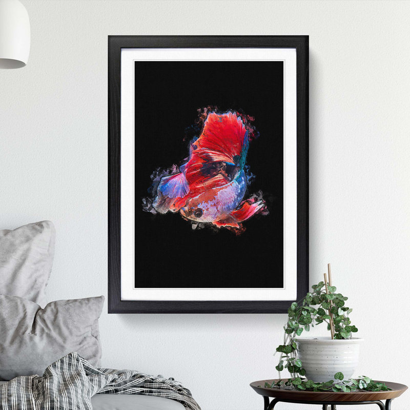 Eye-Catching Red & Blue Fish in Abstract - Picture Frame Painting Print, 48cm H x 36cm W x 2cm D, Black Framed