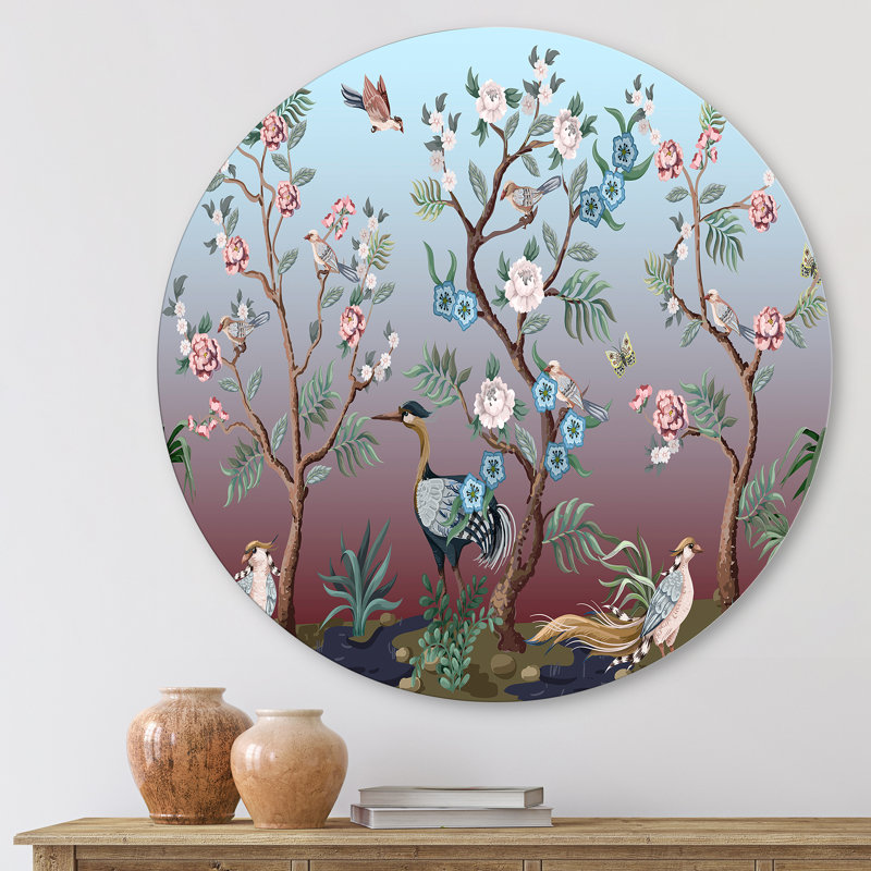 Chinoiserie avec oiseaux et pivoines, H 11 po x l 11 po x p 1 po