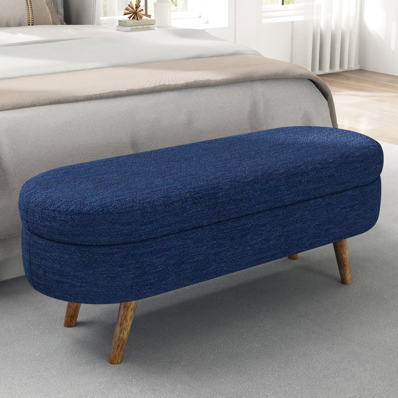 Banc de rangement ovale bleu 43,5 po x 16 po x 16 po, pieds en bois d'hévéa, repose-pieds et siège alternatifs, espace, assemblage simple, ornement en tissu plissé, - Matériau avec housse, ou fonction, caractéristique, rapide
