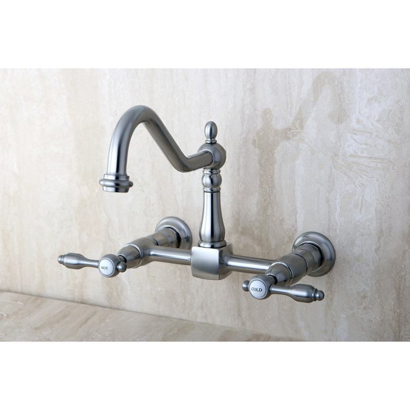Kingston Brass Essex Double-Handle Wall-Mount Bridge Kitchen Faucet, Without Side Spray, Porcelain Lever , Polished Nickel