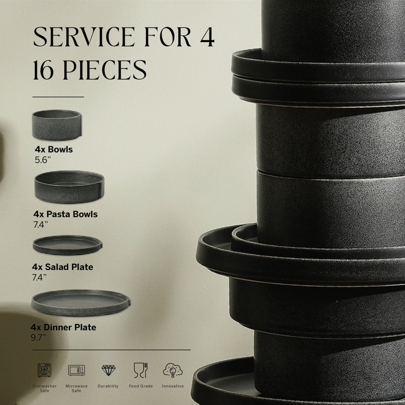 Stone Lain Bao 12-Piece Dinnerware Set Stoneware, Charcoal 