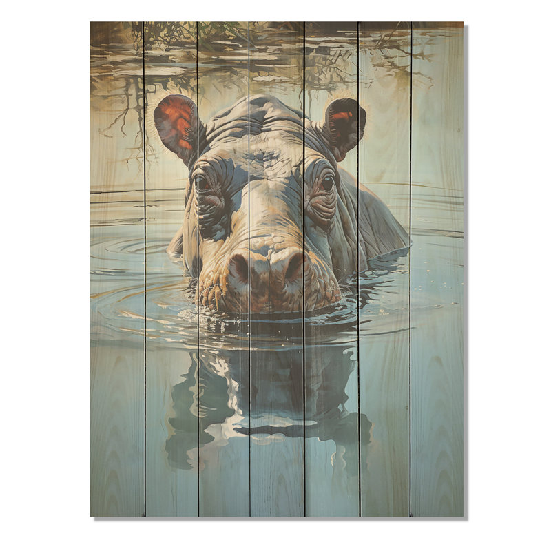 «Grey Powering Hippo Waters Reflect I - Hippopotame sur bois», H 44 po x l 34 po