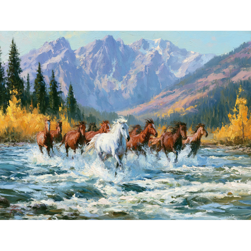 Art mural sur toile Mountain River Horses, H 30 po x l 40 po x P 1,5 po, 30" H x 40" W x 1.5" D