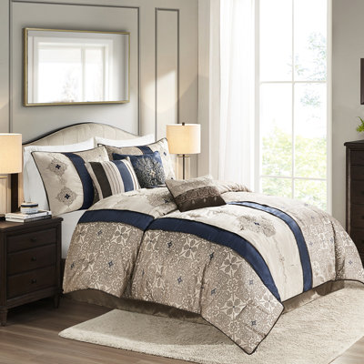 Ensemble de literie 7 pièces pour chambre à coucher (taille King) - Bleu marine avec couette, oreiller et 2 taies d'oreiller assorties