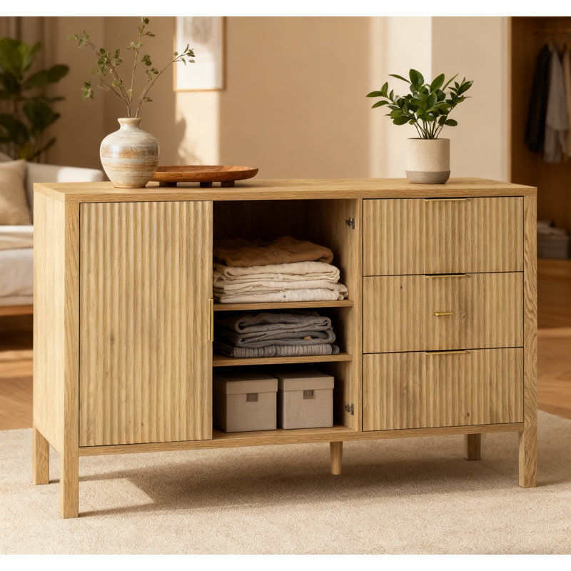 Modern Wave-Pattern Sideboard With 3 Drawers, Large Storage Buffet Cabinet With Hooks And Extra Center Leg,Suitable For Living Room,Entryway,Hallway,Natural