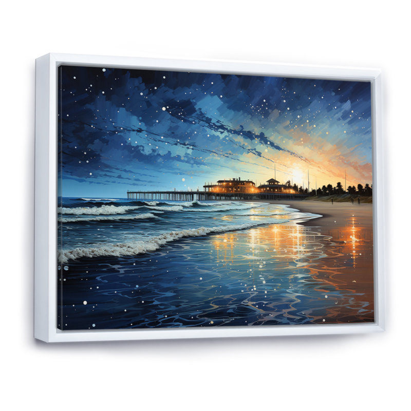 Singita Beach Pier Reflections Pointillism I, H 24 po x l 32 po x P 1 po, Cadre flottant blanc