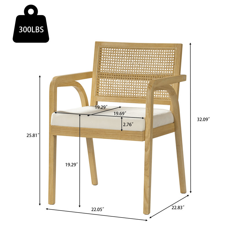 Chaises de salle à manger rembourrées Kelric Japandi avec structure en bois d'hévéa et dossier en rotin naturel pour salle à manger