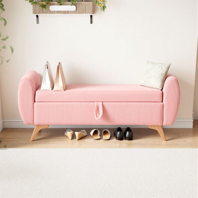 Banc de rangement rembourré en velours côtelé de 57 po avec pieds en bois massif pour chambre à coucher, couloir