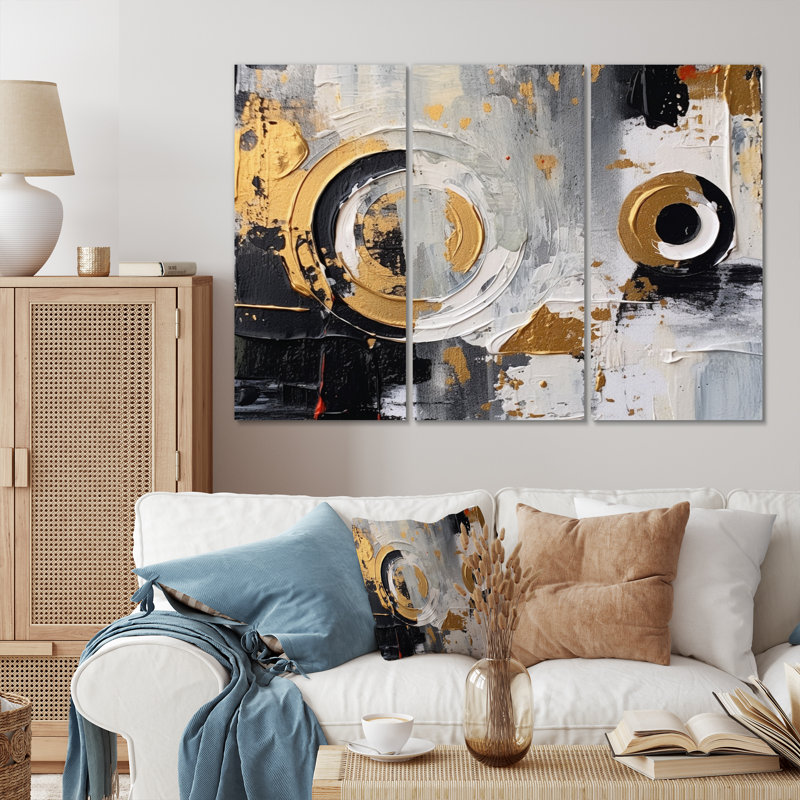 Tourbillons dorés à multiples facettes sur toile, 3 pièces, H 28 po x l 36 po x P 1 po