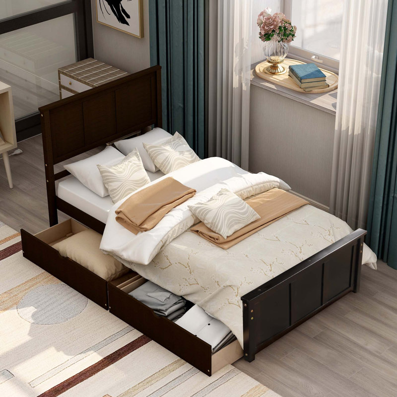 Lit plateforme avec rangement, 2 tiroirs, Espresso