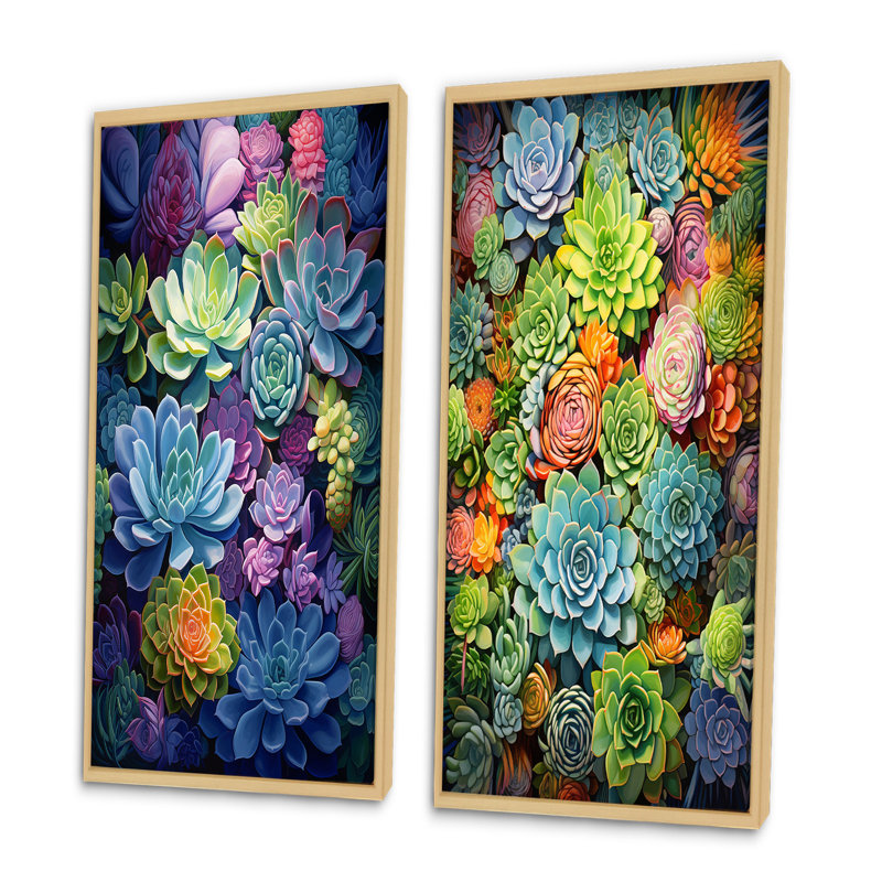 «Blue Green Succulents Botanical Oasis», 2 pièces, Encadrement brun, H 40 po x l 40 po