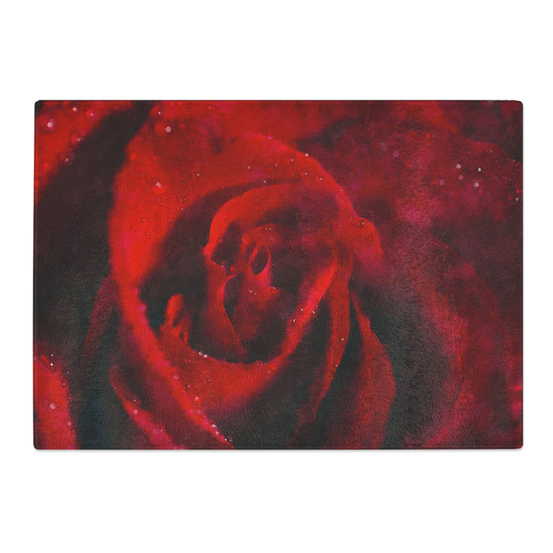 Tempered Glass Drops upon a Red Rose Chopping Board, 20 cm x 28.5 cm