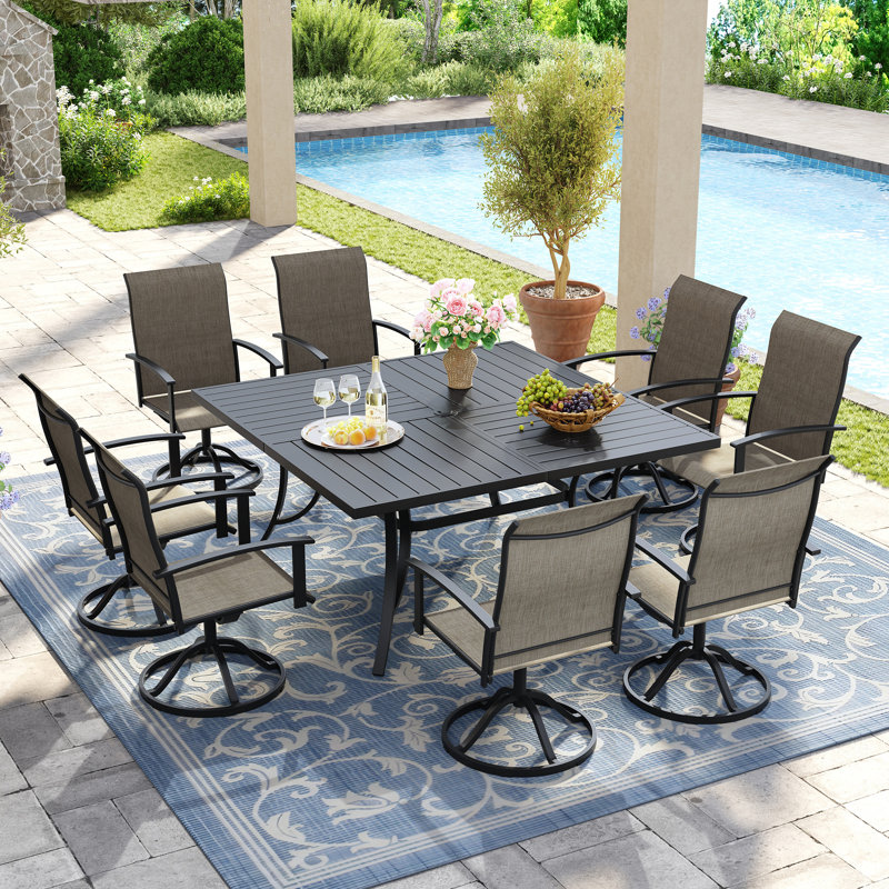 8-Person Square Patio Dining Set With Swivel PVC-coated polyester Chairs, Black/Brown