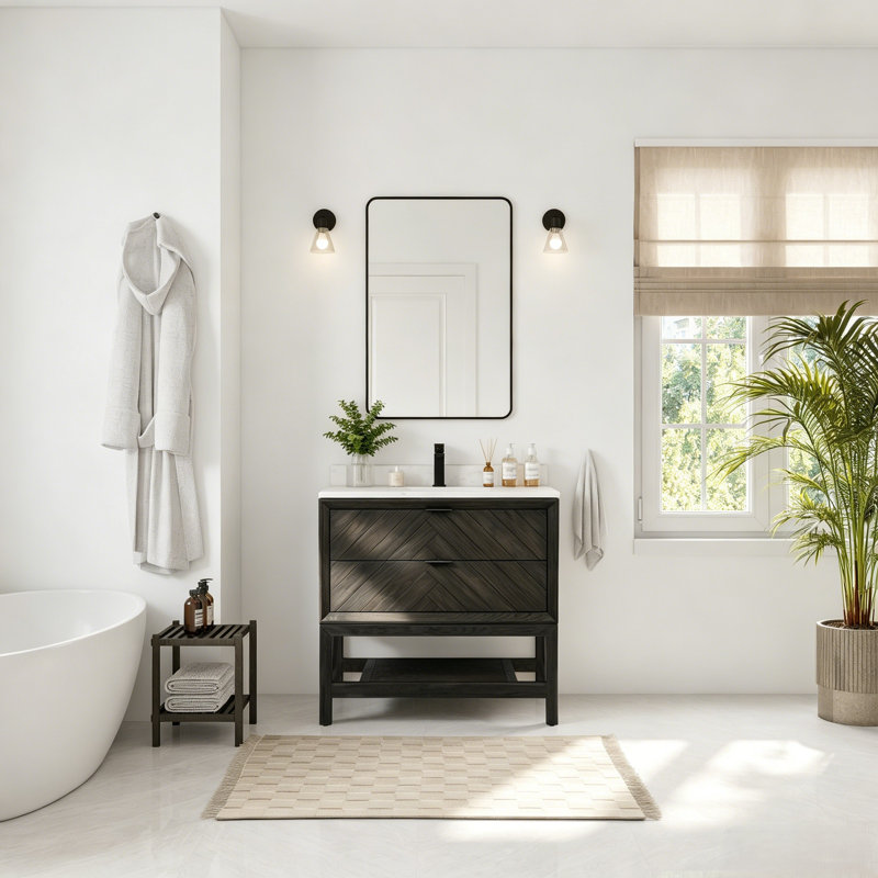 Meuble-lavabo simple 36 po en chêne transitionnel avec plateau en marbre d'ingénierie de 1 po, Brun