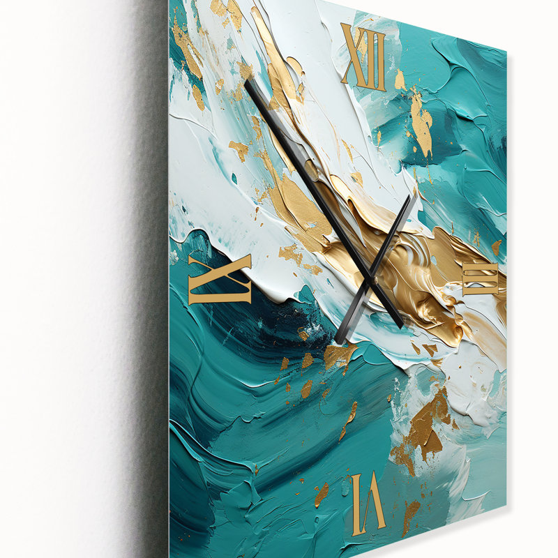 Golden Morning Glory, peinture sur fond or bleu sarcelle - Horloge murale moderne surdimensionnée, H 32 po x l 24 po x P 1 po