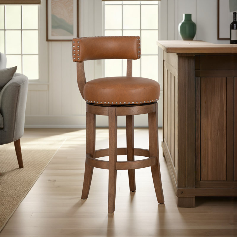 Gautreaux Farmhouse Swivel Rubberwood Counter Or Bar Height Barstool With Faux Leather Seat, Toffee Seat/Light Brown Frame