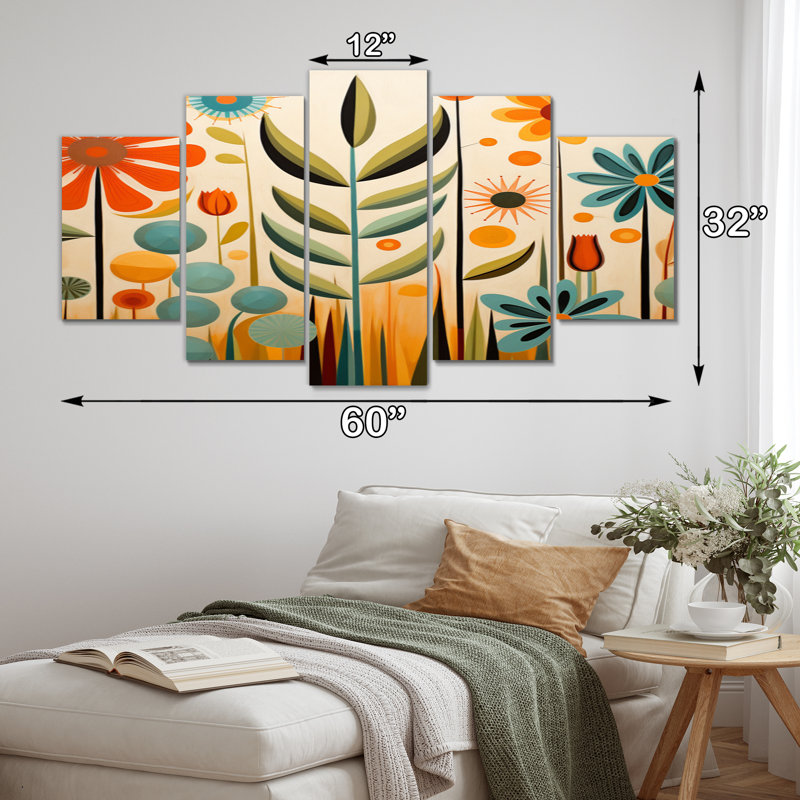 Red Mid Century Mod Nature - Mid-Century Canvas Print - 5 Panels