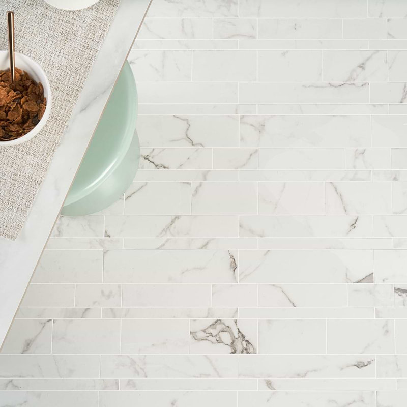 Dreamstone Railroad Porcelain Mosaic, Statuario Venato Polished