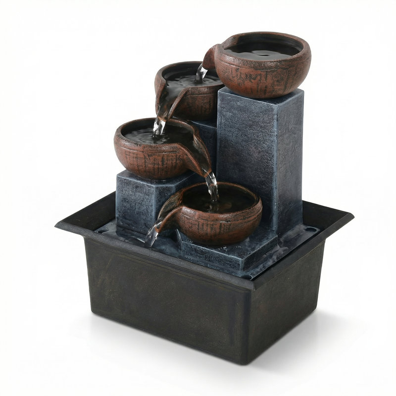 Four level desktop fountain with LED light, Blue/Brown