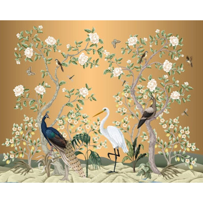 Vintage Peacock Crane Birds Floral Garden Chinoiserie Wall Mural