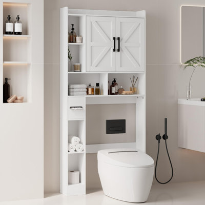 32"W Freestanding Over The Toilet Storage,Bathroom Storage Cabinet,Farmhouse Bathroom Cabinet with Barn Door and Adjustable Shelves for Bathroom, Restroom, Laundry, Home Space-Saving Rack, White